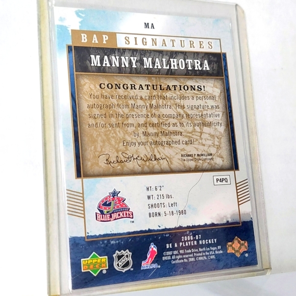 Manny Malhotra Autograph Upper Deck Be A Player 2006/07 Columbus Blue Jackets - Picture 2 of 2